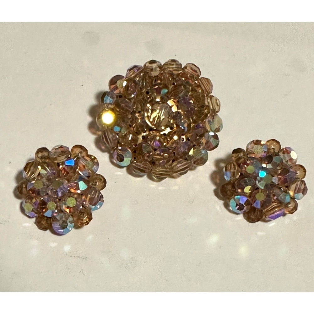 1950's Aurora Borealis Faceted Austrian Crystal Pin & Earrings Set